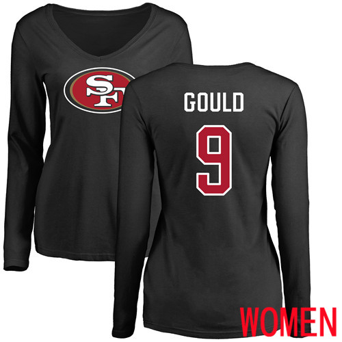 San Francisco 49ers Black Women Robbie Gould Name and Number Logo #9 Long Sleeve NFL T Shirt